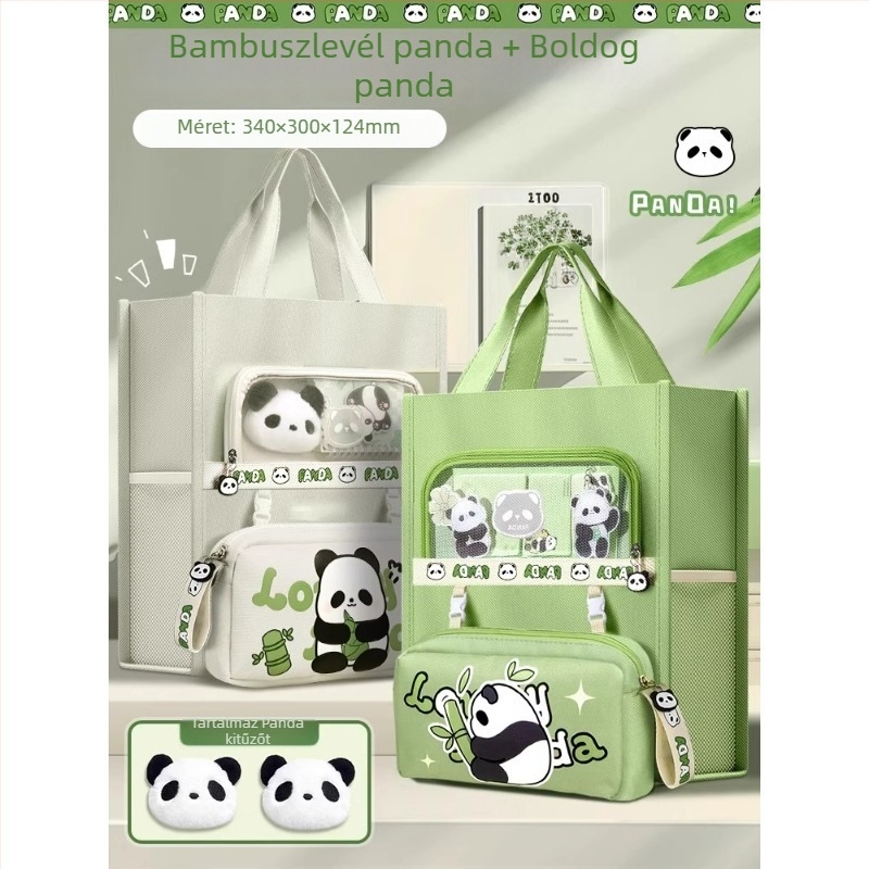 Panda tanuló táska – vászon, cipzáras, téglalap alakú