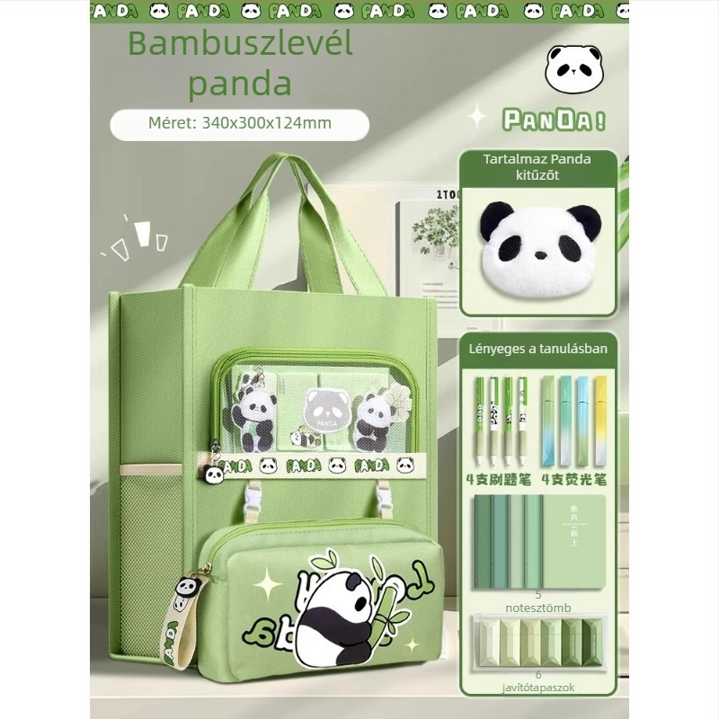 Panda tanuló táska – vászon, cipzáras, téglalap alakú