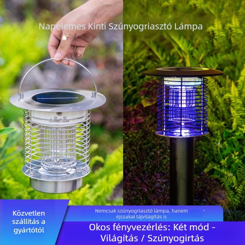 Napelemes kültéri LED szúnyogirtó lámpa, vízálló, 31–40 m² területre, 0–180°-ban állítható, rozsdamentes acél ház
