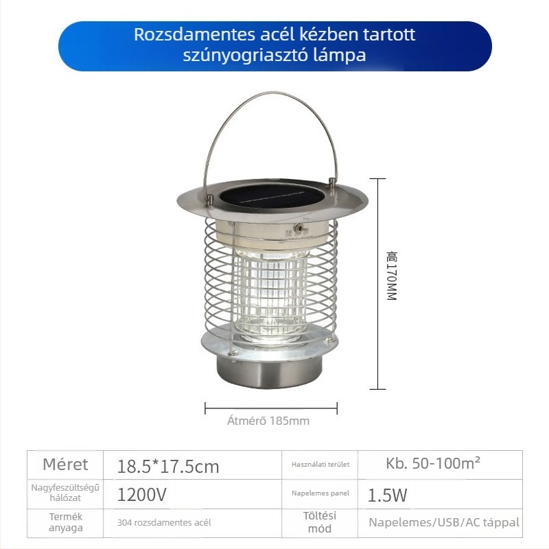 Napelemes kültéri LED szúnyogirtó lámpa, vízálló, 31–40 m² területre, 0–180°-ban állítható, rozsdamentes acél ház