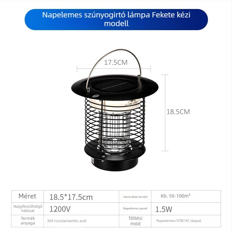 Napelemes kültéri LED szúnyogirtó lámpa, vízálló, 31–40 m² területre, 0–180°-ban állítható, rozsdamentes acél ház