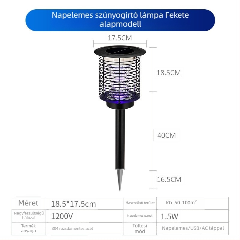 Napelemes kültéri LED szúnyogirtó lámpa, vízálló, 31–40 m² területre, 0–180°-ban állítható, rozsdamentes acél ház