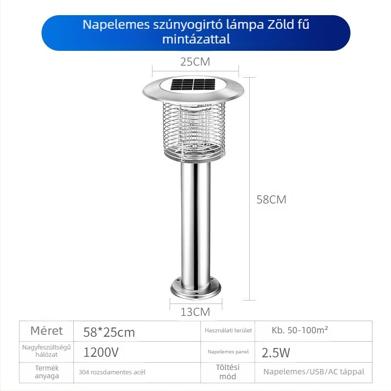 Napelemes kültéri LED szúnyogirtó lámpa, vízálló, 31–40 m² területre, 0–180°-ban állítható, rozsdamentes acél ház