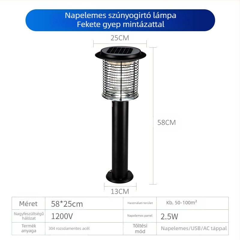 Napelemes kültéri LED szúnyogirtó lámpa, vízálló, 31–40 m² területre, 0–180°-ban állítható, rozsdamentes acél ház