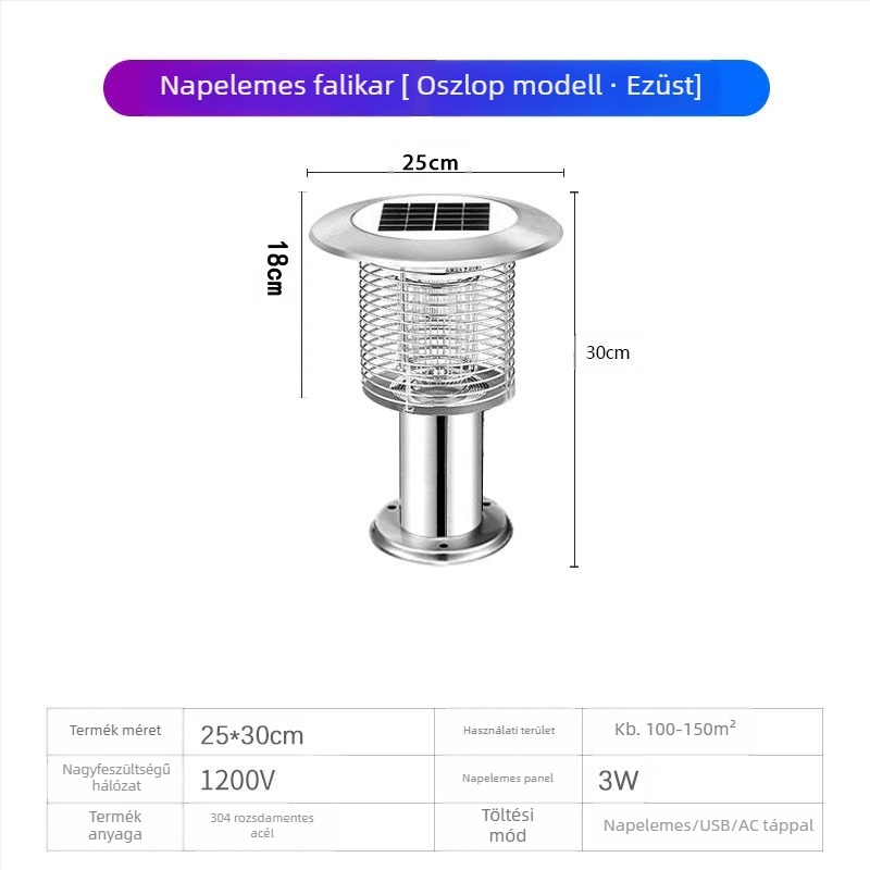 Napelemes kültéri LED szúnyogirtó lámpa, vízálló, 31–40 m² területre, 0–180°-ban állítható, rozsdamentes acél ház