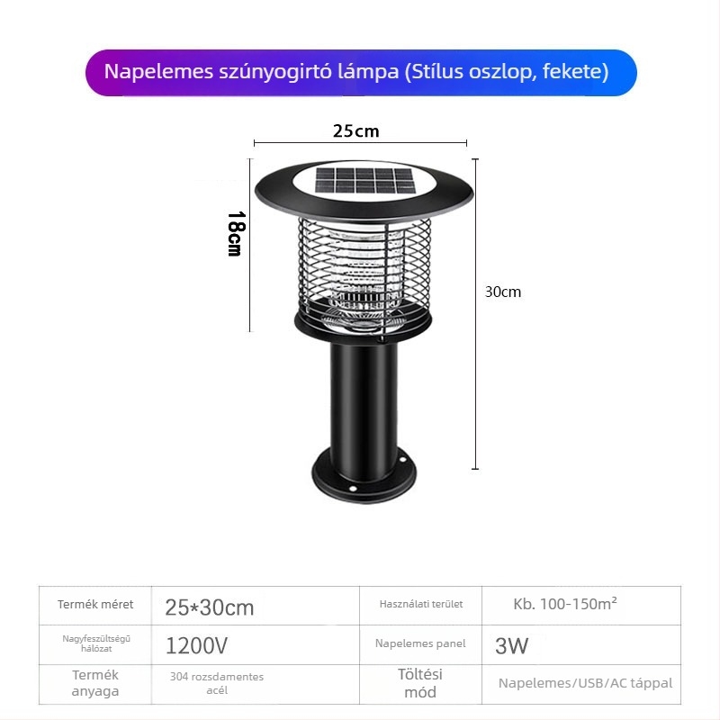 Napelemes kültéri LED szúnyogirtó lámpa, vízálló, 31–40 m² területre, 0–180°-ban állítható, rozsdamentes acél ház