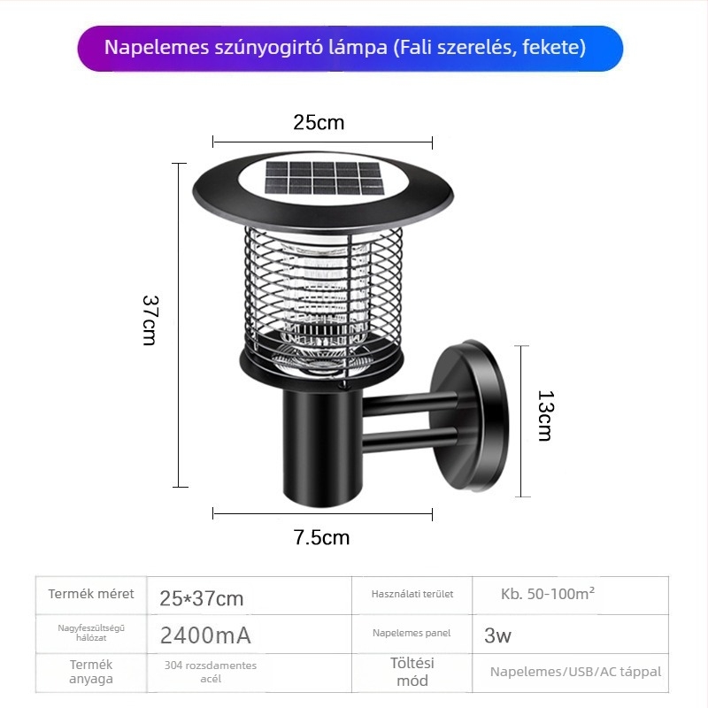 Napelemes kültéri LED szúnyogirtó lámpa, vízálló, 31–40 m² területre, 0–180°-ban állítható, rozsdamentes acél ház