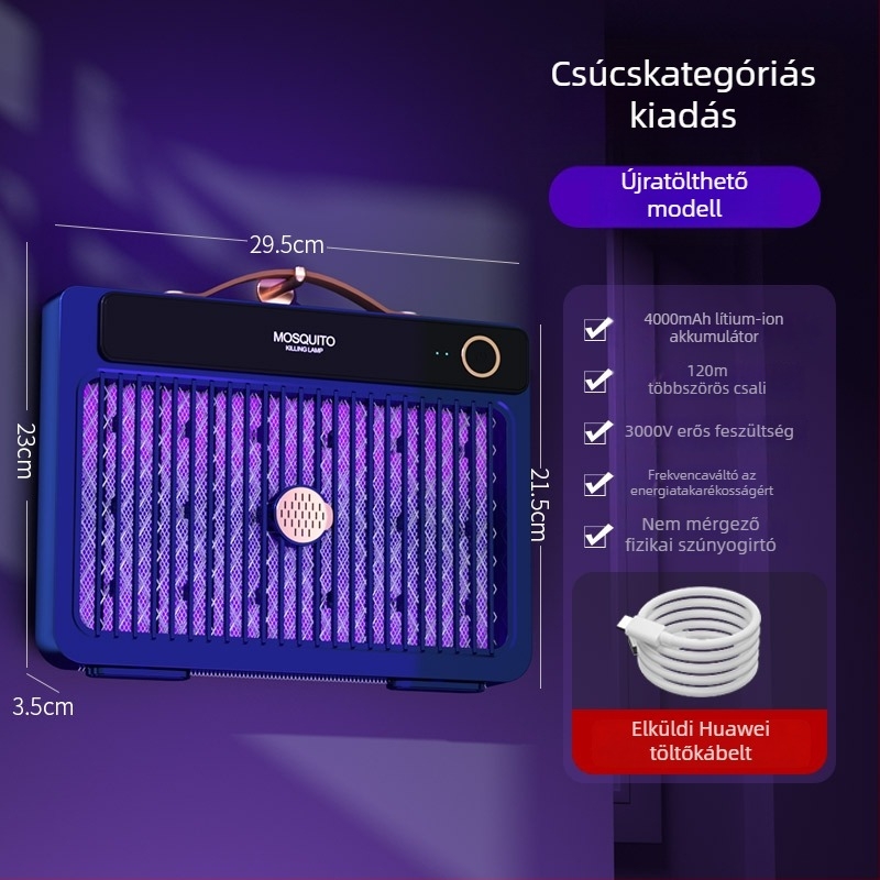 LED-es világítású elektromos szúnyogriasztó lámpa, beépített 1001–1600 mAh akkumulátorral, 41–60 m²-es területhez, üzemidő 6–8 óra