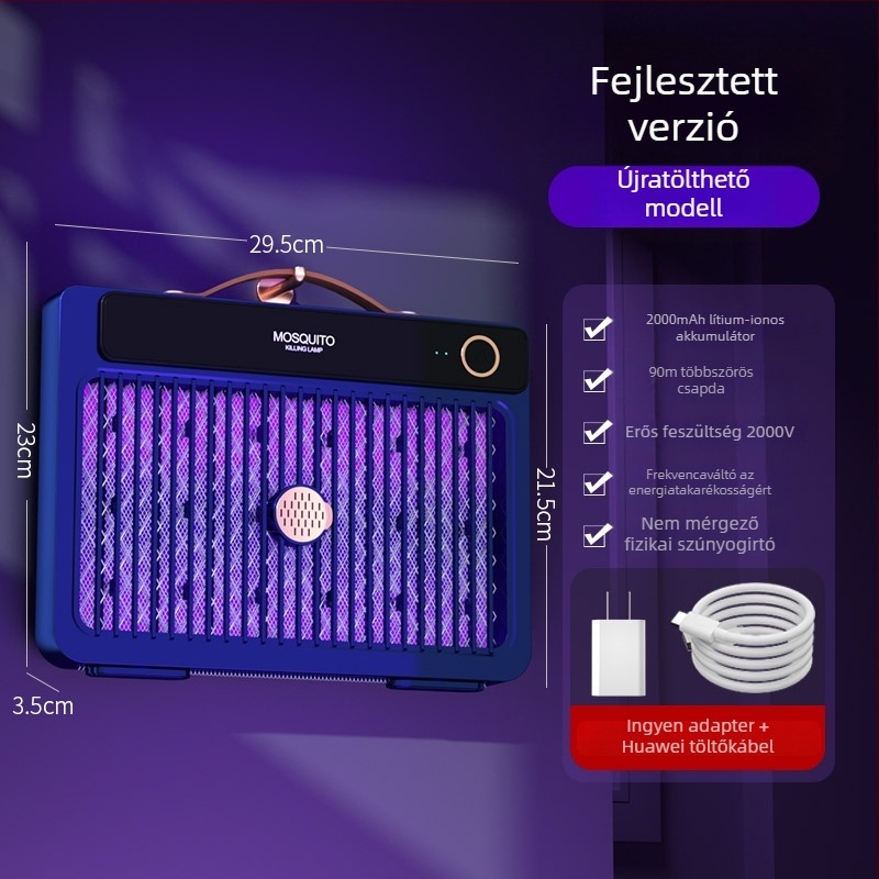 LED-es világítású elektromos szúnyogriasztó lámpa, beépített 1001–1600 mAh akkumulátorral, 41–60 m²-es területhez, üzemidő 6–8 óra