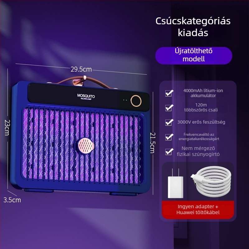 LED-es világítású elektromos szúnyogriasztó lámpa, beépített 1001–1600 mAh akkumulátorral, 41–60 m²-es területhez, üzemidő 6–8 óra