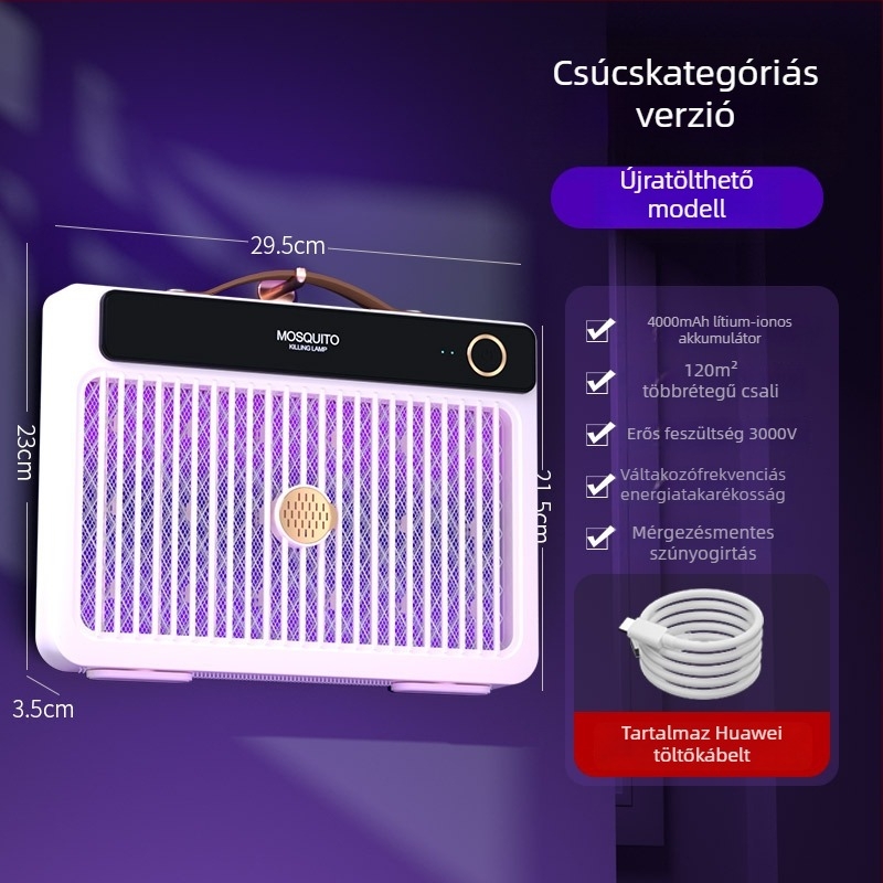 LED-es világítású elektromos szúnyogriasztó lámpa, beépített 1001–1600 mAh akkumulátorral, 41–60 m²-es területhez, üzemidő 6–8 óra