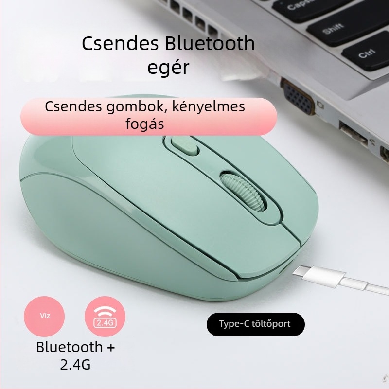 Tölthető kétüzemmódú vezeték nélküli egér, hangtalan működés, 1600 DPI, modell yy-01, 2.4G Bluetooth, kompatibil asztali számítógéppel és noteszgéppel