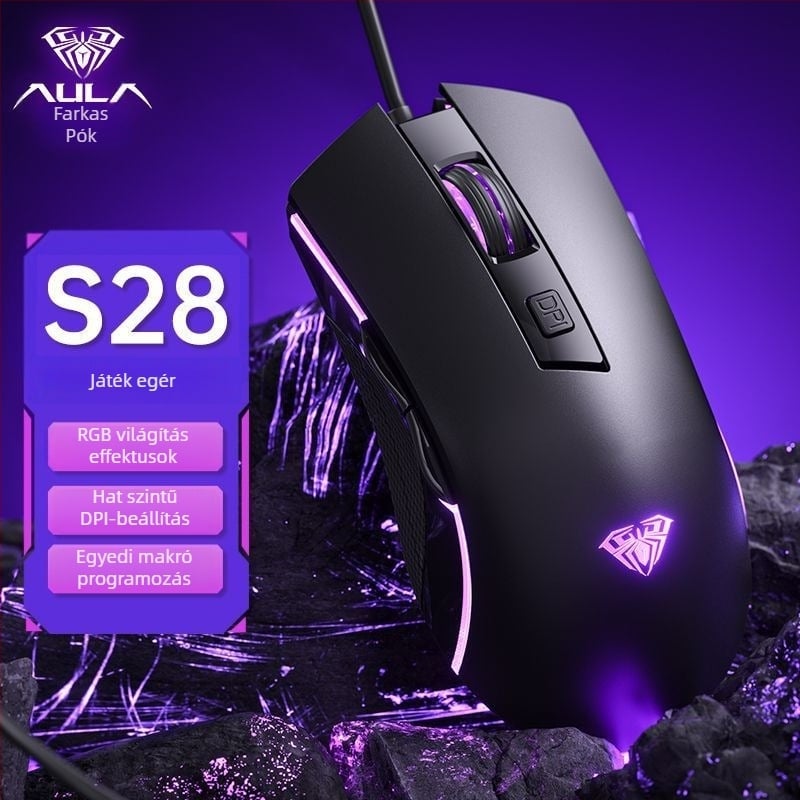 Wolf Spider S28 optikai gamer egér, 7200 DPI, 6 gomb, USB-kábeles, vezetékes, érintő görgő
