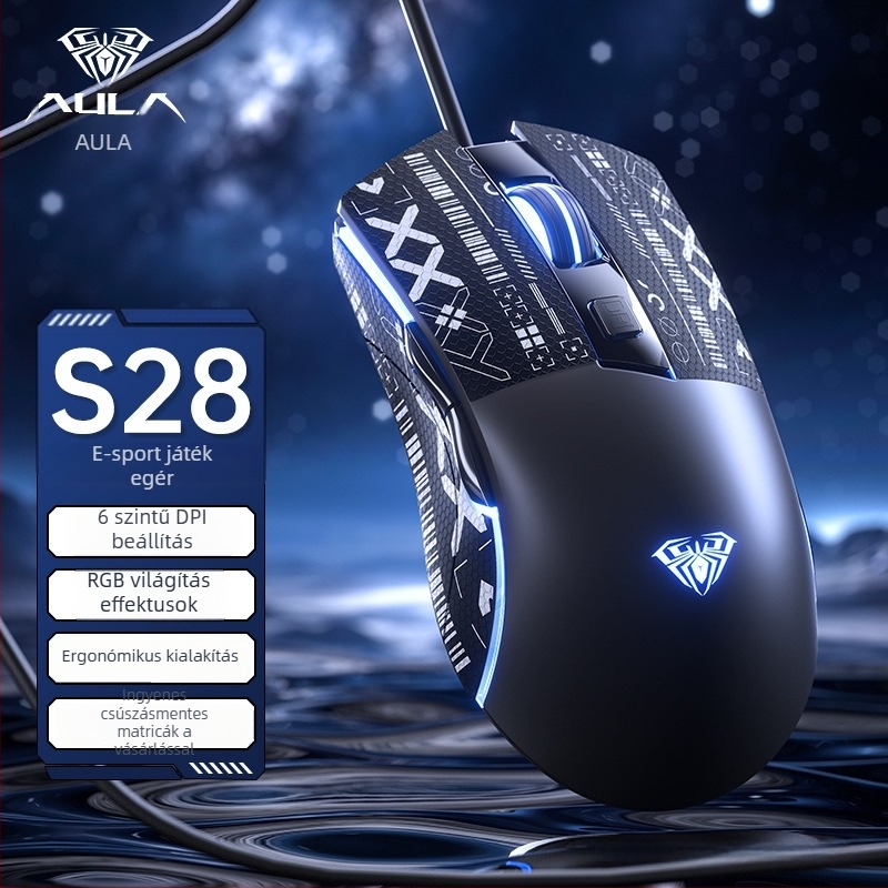 Wolf Spider S28 optikai gamer egér, 7200 DPI, 6 gomb, USB-kábeles, vezetékes, érintő görgő