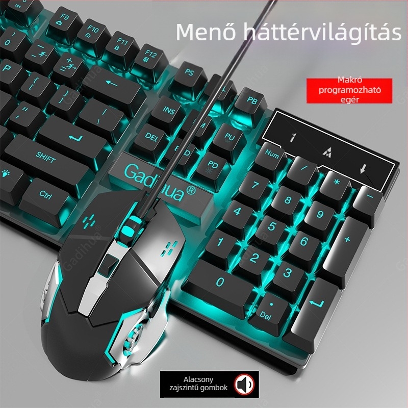 Kábeles billentyűzet és egér készlet - membrán billentyűzet, USB, 98+ billentyű, ergonómikus, egyszínű háttérvilágítás