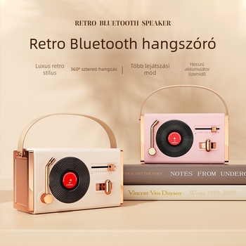 Retro Bluetooth hordozható hangszóró kültéri és beltéri használatra, Bluetooth 5.2, 5W kimenet, frekvencia-tartomány 100 Hz–20 kHz, SNR ≥70 dB, beépített akkumulátor