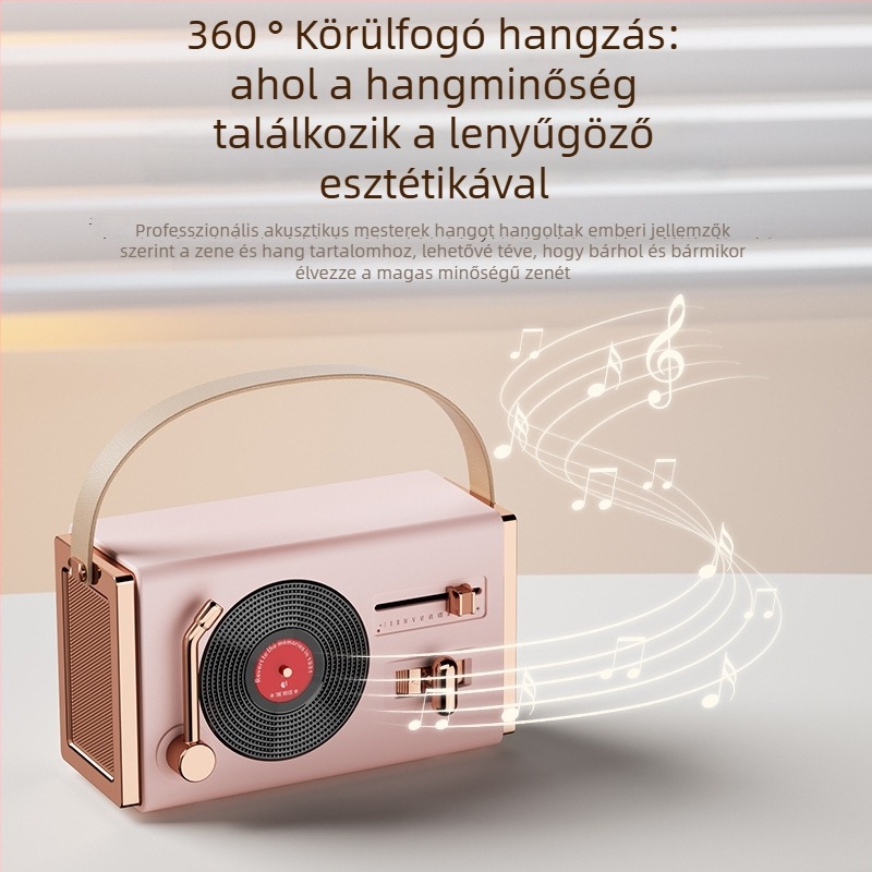Retro Bluetooth hordozható hangszóró kültéri és beltéri használatra, Bluetooth 5.2, 5W kimenet, frekvencia-tartomány 100 Hz–20 kHz, SNR ≥70 dB, beépített akkumulátor