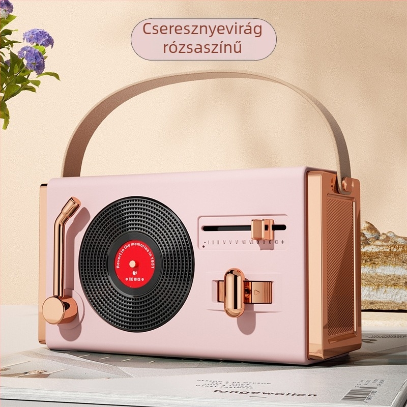 Retro Bluetooth hordozható hangszóró kültéri és beltéri használatra, Bluetooth 5.2, 5W kimenet, frekvencia-tartomány 100 Hz–20 kHz, SNR ≥70 dB, beépített akkumulátor