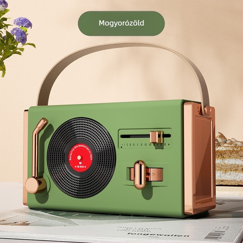 Retro Bluetooth hordozható hangszóró kültéri és beltéri használatra, Bluetooth 5.2, 5W kimenet, frekvencia-tartomány 100 Hz–20 kHz, SNR ≥70 dB, beépített akkumulátor