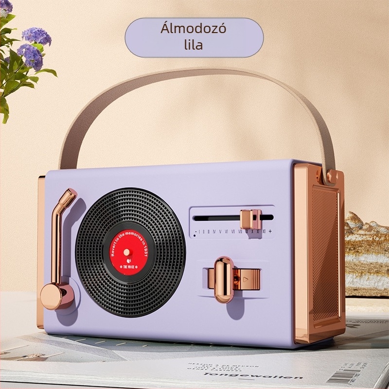 Retro Bluetooth hordozható hangszóró kültéri és beltéri használatra, Bluetooth 5.2, 5W kimenet, frekvencia-tartomány 100 Hz–20 kHz, SNR ≥70 dB, beépített akkumulátor