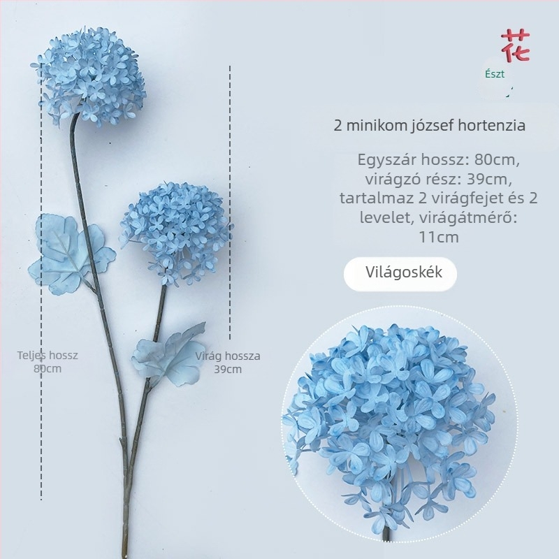 Kétfejű műanyag hortenzia esküvői és szállodai dekorációkhoz; műanyag viráganyag.
