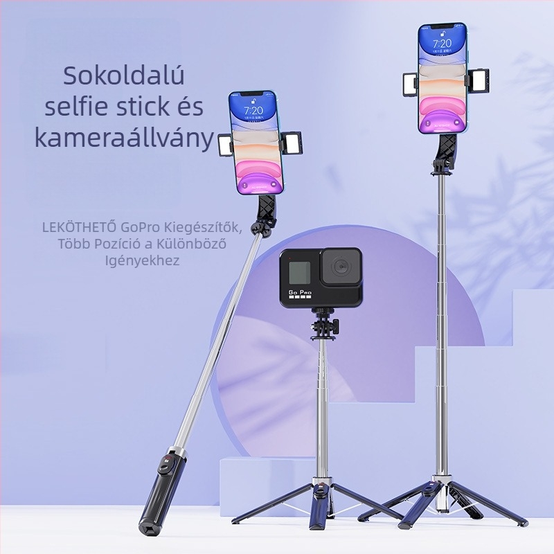 Négylábú másodgenerációs élő közvetítésre szánt telefontartó állvány Bluetooth távirányítóval és beépített fényforrással