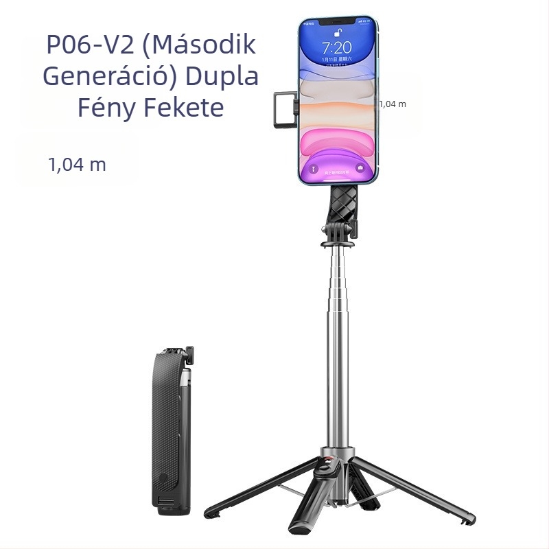 Négylábú másodgenerációs élő közvetítésre szánt telefontartó állvány Bluetooth távirányítóval és beépített fényforrással