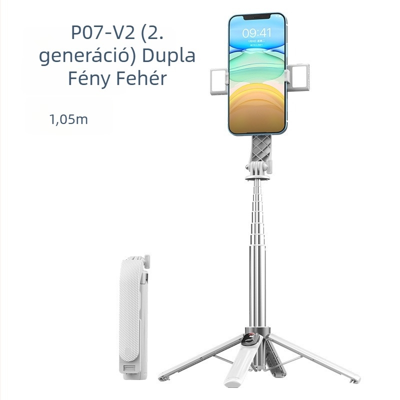 Négylábú másodgenerációs élő közvetítésre szánt telefontartó állvány Bluetooth távirányítóval és beépített fényforrással
