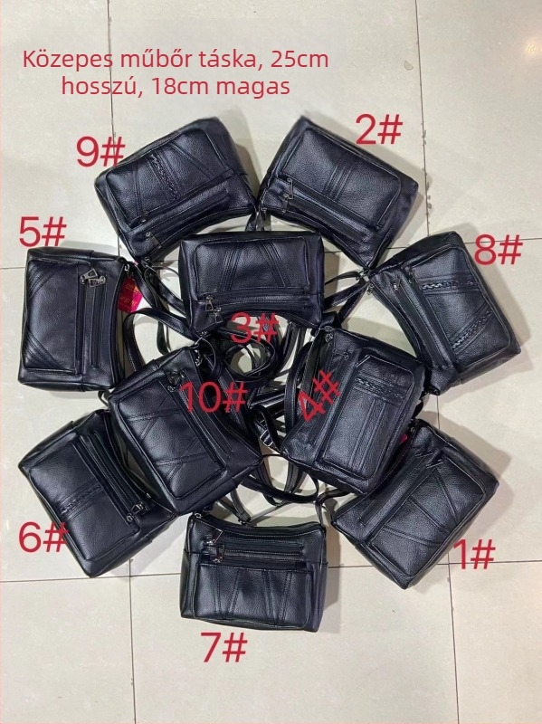 Női PU oldaltáska — vízszintes négyszög alak, cipzáras záródás, poliészter bélés, belső zsebek: cipzáras zseb, telefonzseb, személyi igazolvány zseb, kamera zseb