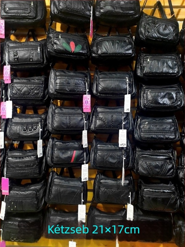 Női PU oldaltáska — vízszintes négyszög alak, cipzáras záródás, poliészter bélés, belső zsebek: cipzáras zseb, telefonzseb, személyi igazolvány zseb, kamera zseb