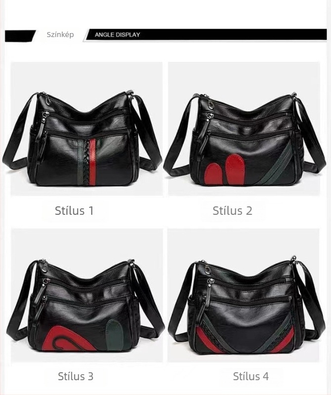 Női PU oldaltáska — vízszintes négyszög alak, cipzáras záródás, poliészter bélés, belső zsebek: cipzáras zseb, telefonzseb, személyi igazolvány zseb, kamera zseb