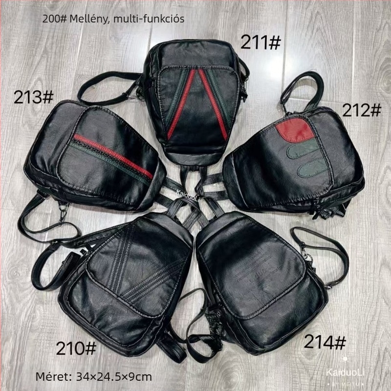 Női PU oldaltáska — vízszintes négyszög alak, cipzáras záródás, poliészter bélés, belső zsebek: cipzáras zseb, telefonzseb, személyi igazolvány zseb, kamera zseb