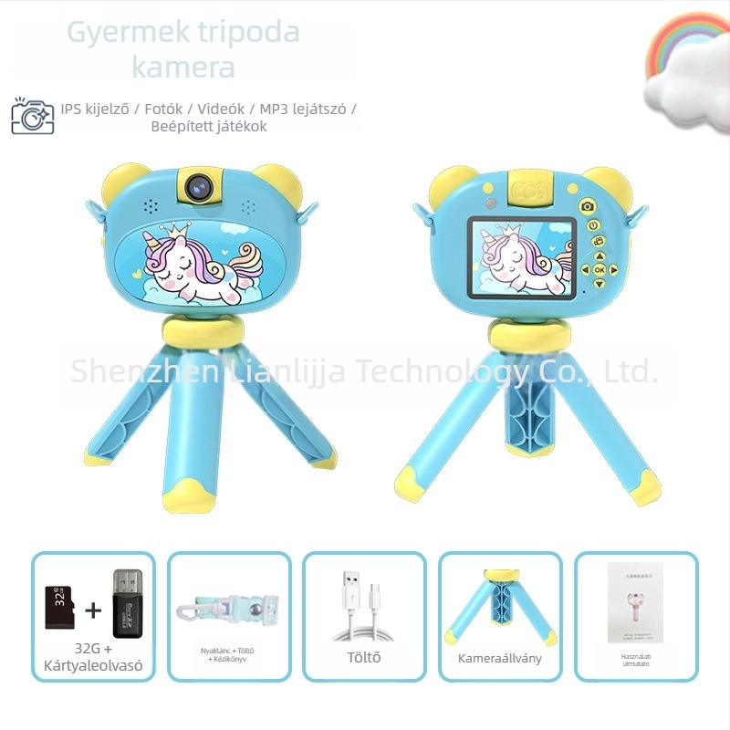 Gyerek kamera S11 – LCD 2.4''; TF-kártya tárhely; akkumulátor üzemideje 1–3 óra; funkciók: videó, fényképek, időzítő, játékok