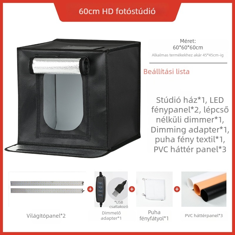 DY Kis stúdió LED fotófénydoboz diffúz anyagból, puha fény, személyes fotózáshoz, modell 40/50/60/70