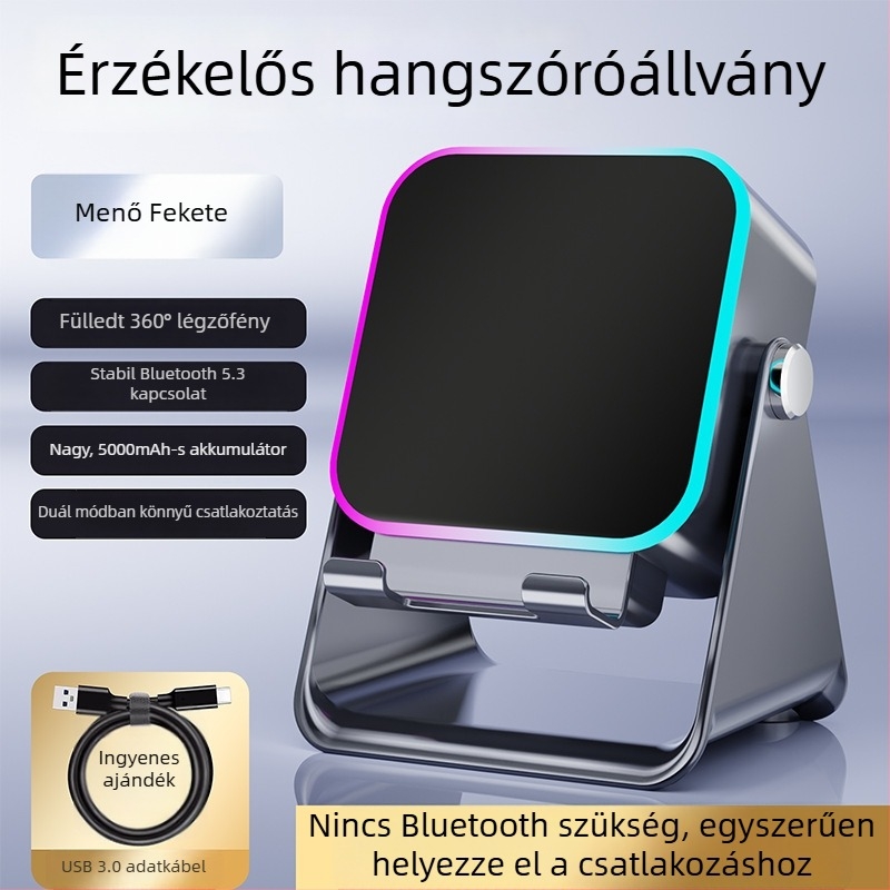 Összecsukható asztali telefon-tartó vezeték nélküli hangszóróval, környezeti világítással és QC4.0 gyors töltéssel, 15W, 3A