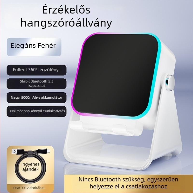 Összecsukható asztali telefon-tartó vezeték nélküli hangszóróval, környezeti világítással és QC4.0 gyors töltéssel, 15W, 3A