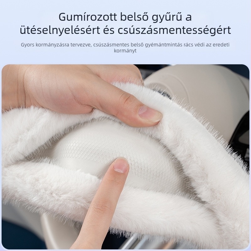 Autó kormányvédő plüss, téli meleg, univerzális illeszkedés, 38 cm átmérőjű, kompatibilis D- vagy O-formájú kormányokhoz