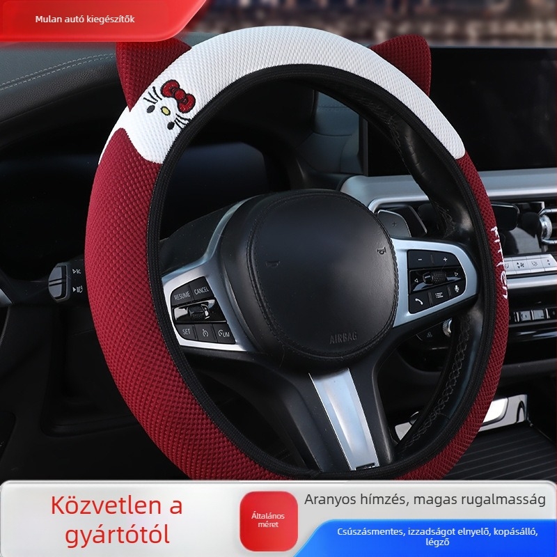 Rugalmas kormánykerék-huzat 3D macskafül hímzéssel, univerzális illeszkedés minden évszakhoz, szintetikus rostanyag, kedves stílus, általános szerelés