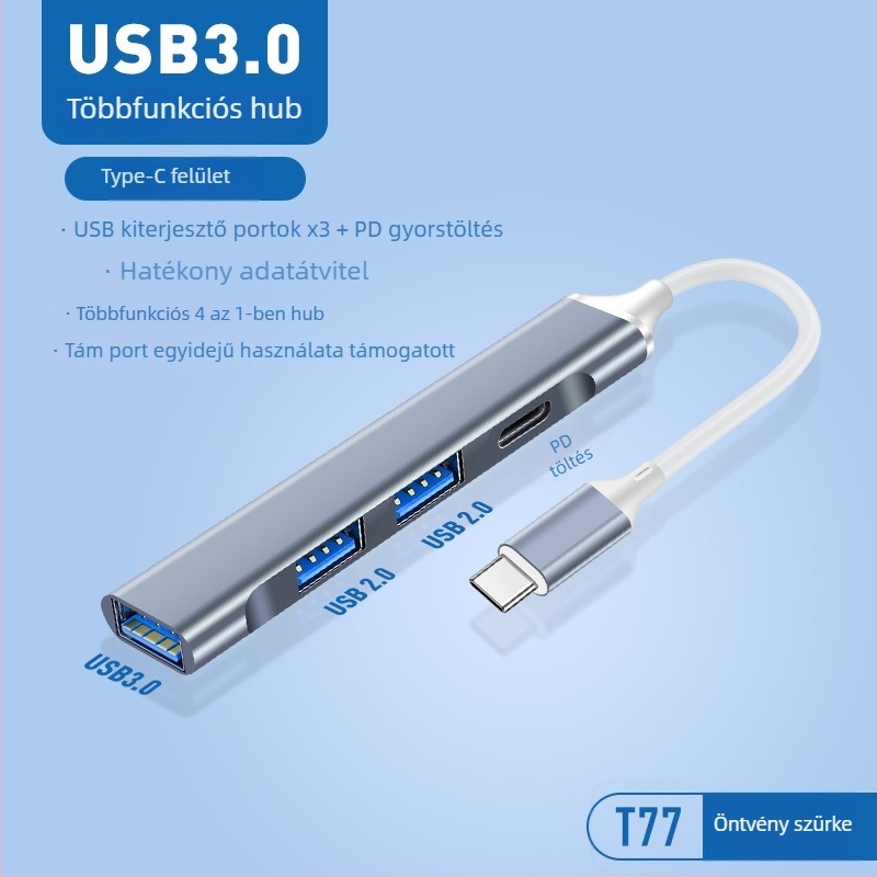 Pinyue USB-C hub, 4-in-1 USB 3.0 dokkolóállomás, 19,4 cm kábel, USB-ről táplált