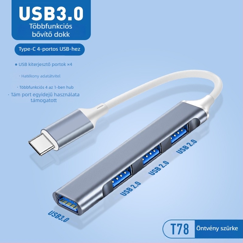 Pinyue USB-C hub, 4-in-1 USB 3.0 dokkolóállomás, 19,4 cm kábel, USB-ről táplált
