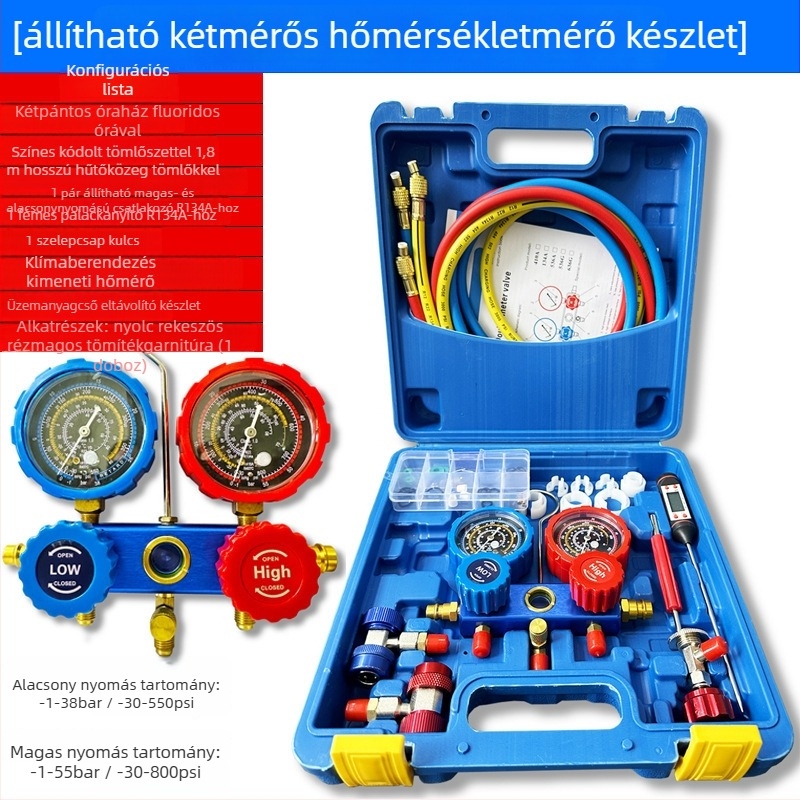 Autóklíma precíz nyomásmérő R134A hűtőközeghez, modell 8001 – tartomány 0-55 MPa, környezeti hőmérséklet -10–40 °C