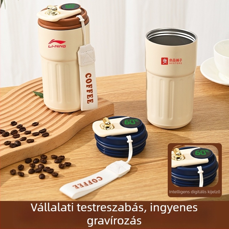 Üzleti ajándék termosz bögre egyedi logóval – 316 rozsdamentes acél, vákuum szigetelés 0–6 óra, nyomtatható logó, hordozó zsinórral, díszdobozos csomagolás