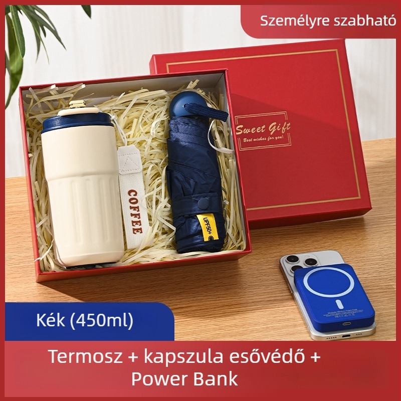 Üzleti ajándék termosz bögre egyedi logóval – 316 rozsdamentes acél, vákuum szigetelés 0–6 óra, nyomtatható logó, hordozó zsinórral, díszdobozos csomagolás