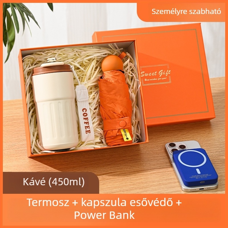 Üzleti ajándék termosz bögre egyedi logóval – 316 rozsdamentes acél, vákuum szigetelés 0–6 óra, nyomtatható logó, hordozó zsinórral, díszdobozos csomagolás