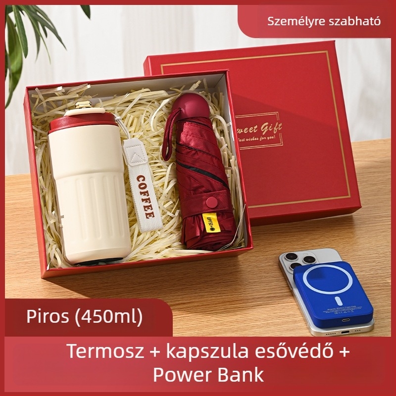 Üzleti ajándék termosz bögre egyedi logóval – 316 rozsdamentes acél, vákuum szigetelés 0–6 óra, nyomtatható logó, hordozó zsinórral, díszdobozos csomagolás