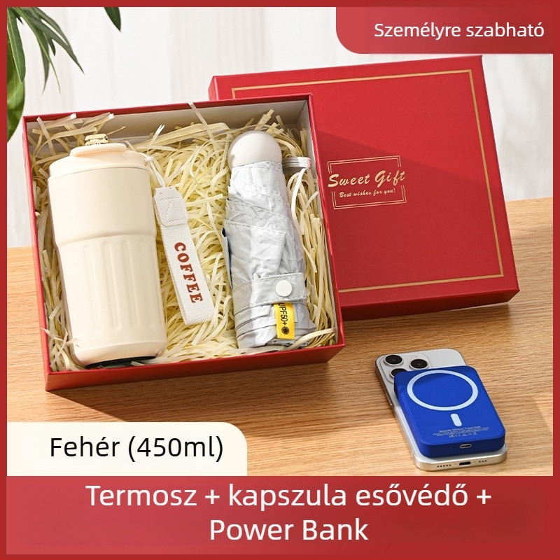 Üzleti ajándék termosz bögre egyedi logóval – 316 rozsdamentes acél, vákuum szigetelés 0–6 óra, nyomtatható logó, hordozó zsinórral, díszdobozos csomagolás