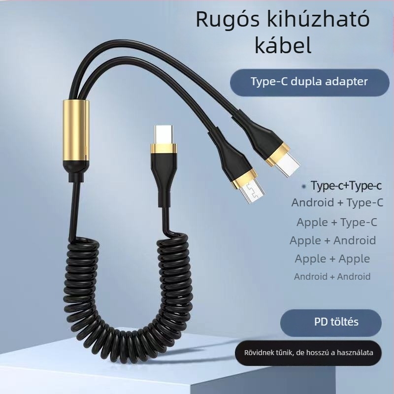 WAITU 3-in-1 autóadatkábel Lightning, Micro USB és Type-C, teleszkópos kialakítás, dupla kimenet, TPE-anyag