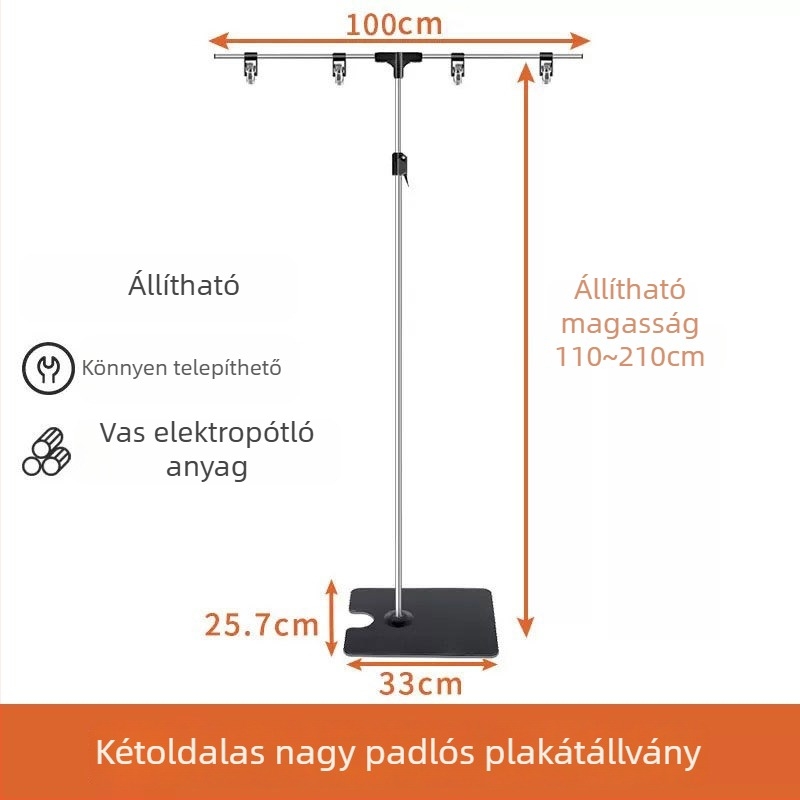 Rozsdamentes acél asztali posztertartó teleszkópos, L alakú KT tábla klipekkel szupermarketekhez