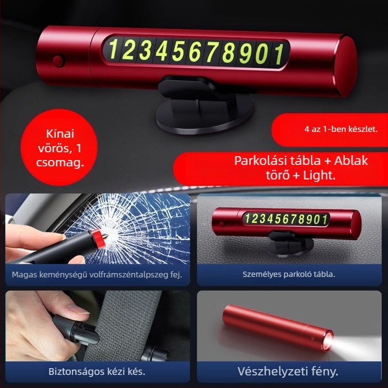 Autóvészhelyzeti eszköz: ablakbetörő kalapács, 3-in-1 kés, hordozható ideiglenes parkolótábla, PVC