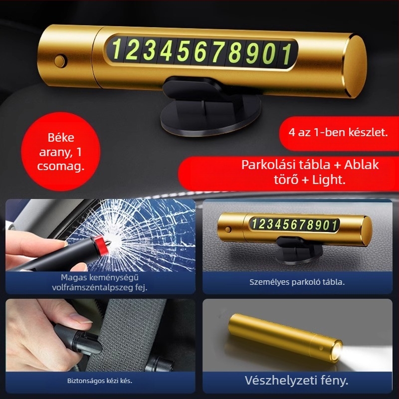 Autóvészhelyzeti eszköz: ablakbetörő kalapács, 3-in-1 kés, hordozható ideiglenes parkolótábla, PVC